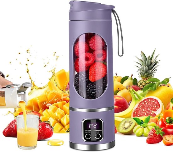 Smoothiemixer, 450 ml, mini-blender, draagbaar, USB-mixer smoothies met 12 messen en led-display, ideaal voor het bereiden van milkshakes, sappen, smoothies en ijsdranken (paars)