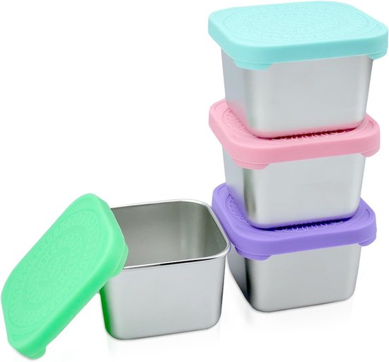 Snack Box met 4 Stuks RVS Containers voor Saladedressings en Sauzen, Lekvrij en Herbruikbaar met Siliconen Deksel, Ideaal voor Snacks en Bento Box Accessoires (180 ml) van Merkloos
