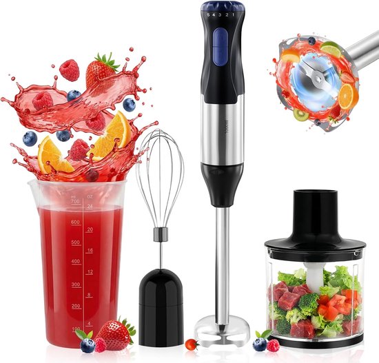 SnelShoppen - 1000 W Multifunctionele Handmixer 4-in-1, 5 Snelheden, Turbo, Spatwaterdicht, Met Garde, 500 ml Hakmolen, 700 ml Maatbeker voor Keuken,