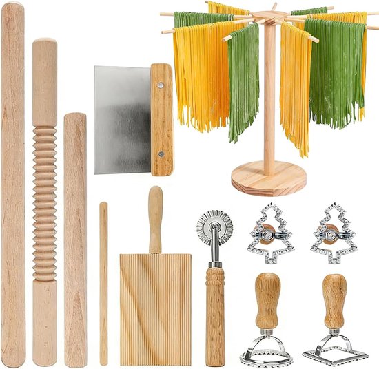 SnelShoppen - 12-delige Handmatige Pastamaker Set, Multifunctionele Pasta Gereedschap Set met Droogrek, Gnocchi Bord, Ravioli Stempel, Snijders, Deegs