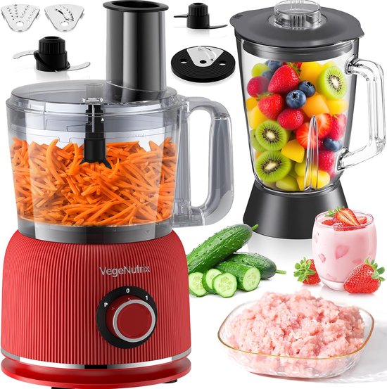 SnelShoppen - 1500W Foodprocessor en Blender Combinatie - 2.5L Hakker voor Vlees, Groenten en Deeg - 2L Glas Blender met 2 Snelheden en Pulsefunctie v