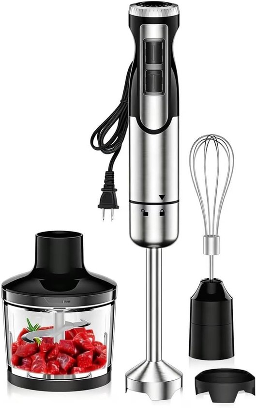 SnelShoppen - 1800 W 4-in-1 Staafmixer voor Soepen, Babyvoeding, Smoothies | Inclusief Garde, Hakmolen, Mixbeker met Turbofunctie en 8 Snelheden voor