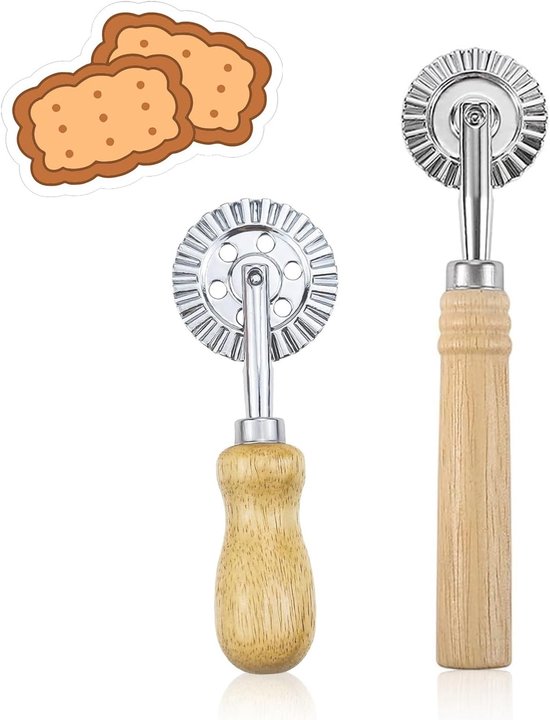 SnelShoppen - 2 x Deegwielen Set, Eiken Houten Deegsnijders 16 en 14 cm, Golfvormige Deegsnijder, Pasta Cutter voor Keuken, Bakken, Kamperen, Koken