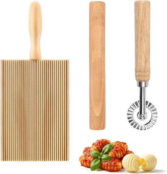 SnelShoppen - 3-delige Houten Gnocchi Board met Cutter en Rolling Pin, Spätzle Rasp, Ravioli Maker, Kleine Handmatige Pasta Machine voor Dumplings en