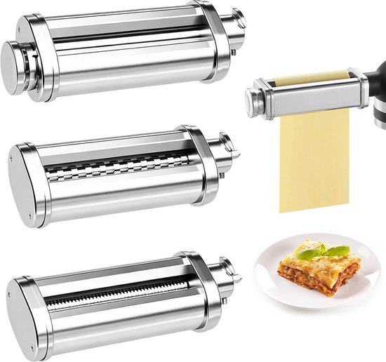 SnelShoppen - 3-delige Pasta-opzetstuk Set voor Keukenmachines, Pastamoller, Spaghetti- en Fettuccinesnijder, 304 Roestvrij Staal, 8 Deegdiktes, Ideaa