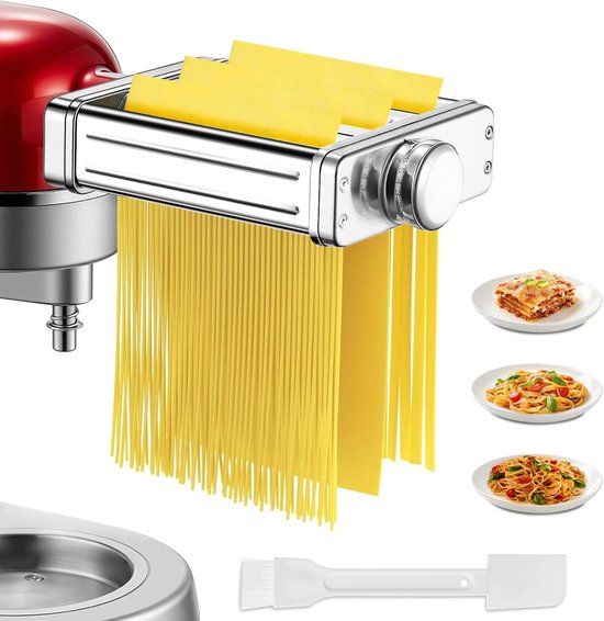 SnelShoppen - 3-in-1 Pasta-accessoires voor KitchenAid blender, roestvrij staal pastamzetstuk met fettuccinesnijder, spaghettisnijder en pastamroller