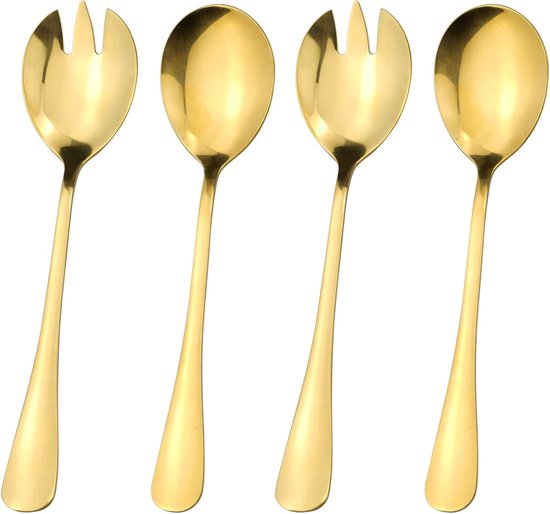 SnelShoppen - 4-delige Saladeset met Saladeschep en Saladevork, Grote Serveerlepels voor Fruit, Spiegelschoon, Goud, 19.8cm, Perfect voor Feesten, Pic