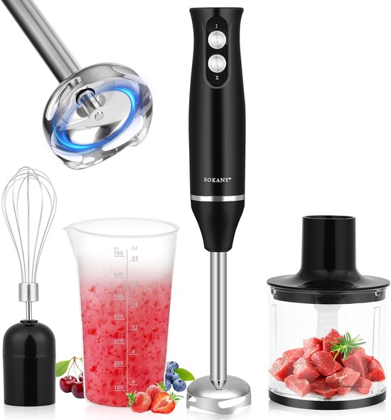 SnelShoppen - 4-in-1 Elektrische Staafmixer Set - 500 W Hand Blender met 2 Snelheden, RVS, Inclusief Garde, 500 ml Hakker en 700 ml Maatbeker voor Soe