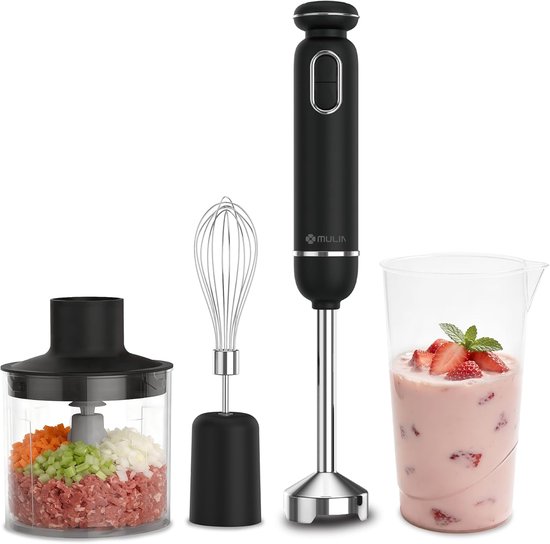 SnelShoppen - 4-in-1 Hand Blender 600W met Verstelbare Snelheid en Spatbescherming, Inclusief Klopper, Maatbeker en Hakker voor Soepen, Sauzen en Smoo