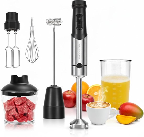 SnelShoppen - 4-in-1 Multifunctionele Handmixer met 1000 W Vermogen, 500 ml Inhoud, ideaal voor Keuken, Bakken, Mixen, Kloppen en Pureren in Zwart