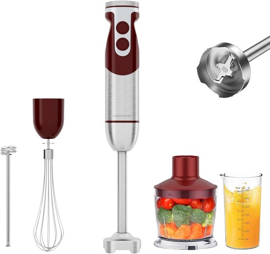 SnelShoppen - 5-in-1 Staafmixer met 12 Snelheden, Vol koper Motor, Titanium Mixstaaf, 600ml Mengbeker, 500ml Hakker, Klopper en Melkschuimer in Rood -