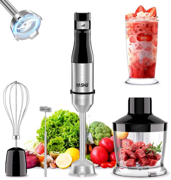 SnelShoppen - 5-in-1 Staafmixer Roestvrijstaal 1000W - Traploze Snelheidsregeling met Hakmolen, Garde, Maatbeker - Ideaal voor Babyvoeding, Sauzen en