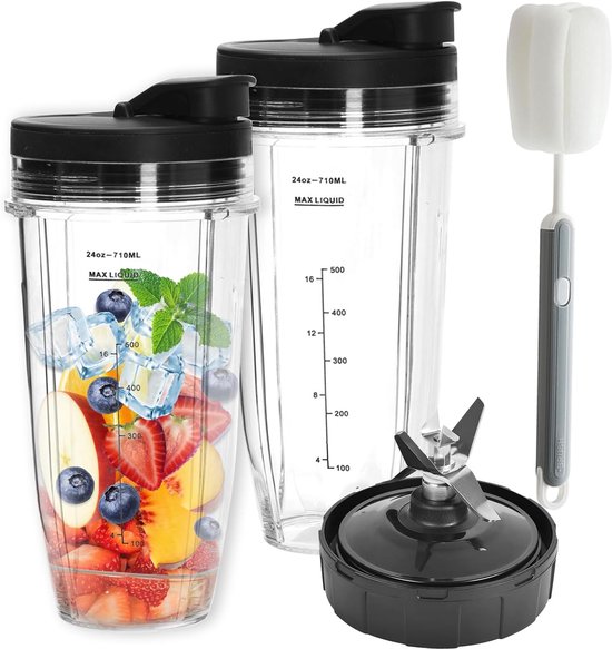 SnelShoppen - 6 Pack Blender Vervangonderdelen Geschikt voor Nutri Ninja - 2 x 24oz Bekers met 2 Flip Top To-Go Deksel en Borstel voor BL480/BL490/BL6