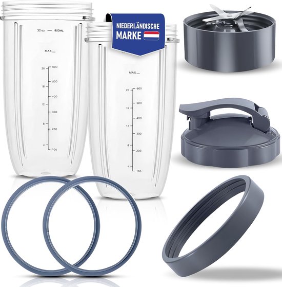 SnelShoppen - 8-delige Accessoireset Geschikt voor Nutribullet 600 900 Watt – 2 Bekers (900ml), Mesblad, Deksel & Meer – Cup Mesblad Onderdelen voor N
