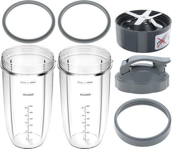 SnelShoppen - 8-delige Set Vervangingsonderdelen voor Blender Cups & Mes voor Nutribullet 600W/900W - 945ml Grote Cup met Flip Top To-Go Deksel, O-rin