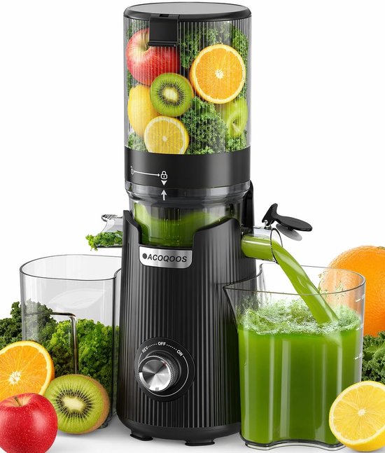 SnelShoppen - ACOQOOS Slow Juicer, Whole Fruit en Groente Juicer met 135 mm Extra Brede Vulopening, 1.8 L Container, Eenvoudig Schoon te Maken, Zwart,