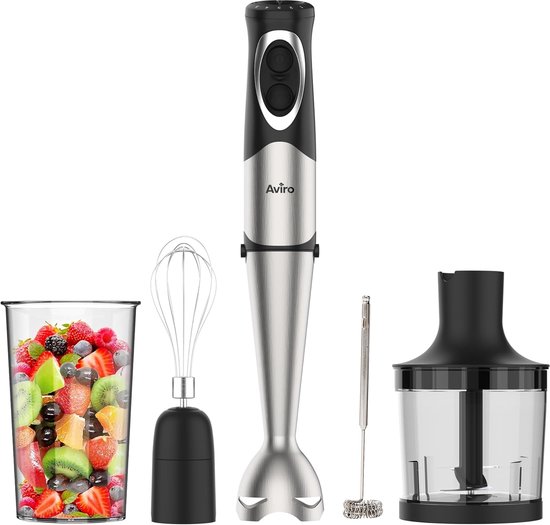 SnelShoppen - Aviro 6-in-1 Staafmixer 1000 W met 20 Snelheden, Hakken, Melkopschuimen, Garde, Maatbeker, Roestvrij Staal, Keukenaccessoires voor Koken
