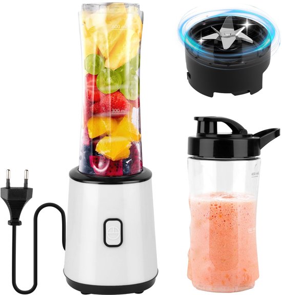 SnelShoppen - Blender voor Smoothies, Shake Mixer, Elektrische Mixer 300W, BPA-vrij, 23.000 omw/min, Dubbel Glas Ontwerp met 600ml + 400ml Sportflesse van Snelshoppen