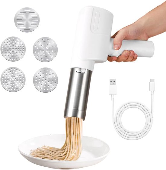 SnelShoppen - Draadloze Elektrische Pastamaker - 2000 mAh Oplaadbare Pasta Machine met 5 Persmallen voor Zelfgemaakte Pasta, Spaghetti en Macaroni - I