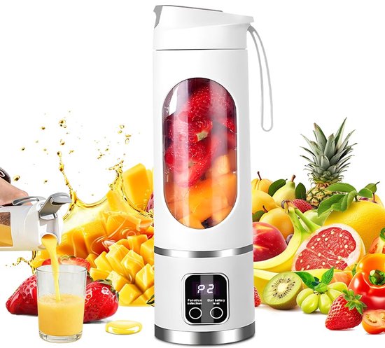SnelShoppen - Draagbare Blender 450 ml met 12 Messen - Mini-USB Mixer voor Milkshakes, Sappen, Smoothies en IJsdranken - Wit - Ideaal voor Feest, Camp