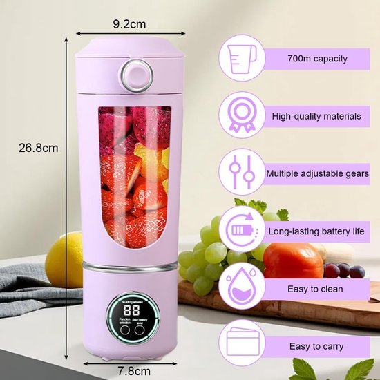 SnelShoppen - Draagbare Mixer 700ml, Mini Blender met 12 RVS Messen en Digitale Display, Oplaadbare Smoothie Maker voor Thuis, Fitness en Reizen (Paar