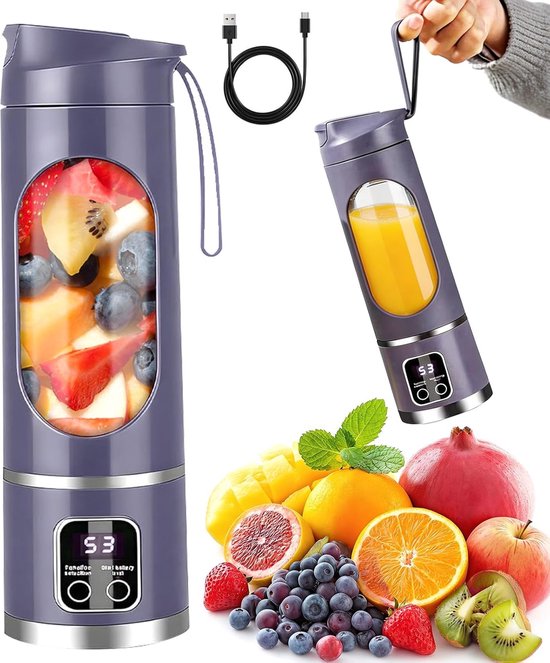 SnelShoppen - Draagbare mixer smoothie maker to go 450 ml - Mini blender met 12 messen en LED-display - Oplaadbare shakes en smoothie-maker voor reize