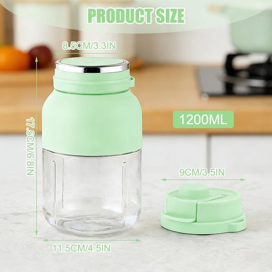 SnelShoppen - Draagbare Mixer Smoothiemaker 1200 ml - Oplaadbare Blender Fles met 38 Messen - Lekvrij Deksel - Lichtgroen - Perfect voor Milkshake, Sa