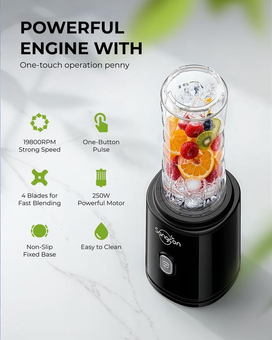 SnelShoppen - Draagbare Sportblender Smoothie Maker, Elektrische Mixer met 2 BPA-vrije 600 ml Tritan To Go-fles, 4 Messen, Pulse-knop, Zwart - Perfect