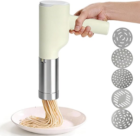 SnelShoppen - Elektrische Hand Pasta Machine - Draadloos, 5 RVS Vormen, Oplaadbaar, 20 Sec. Snelle Pasta Maker voor Keuken, Familie, Picnic, Camping