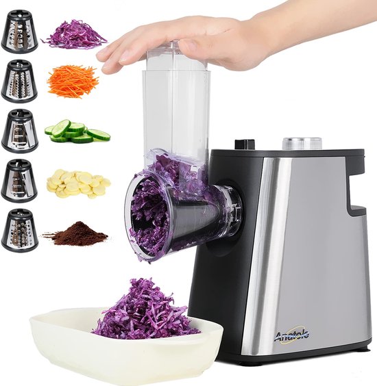 SnelShoppen - Elektrische Kaasrasp Versnipperaar 250W Roestvrij Staal Automatische Groentehakselaar Professionele Salademaker Keukenmachine met 5 Mess