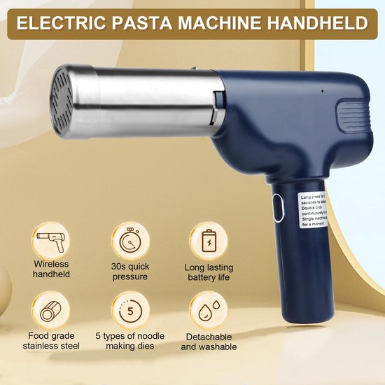 SnelShoppen - Elektrische pastamachine Handheld, Draagbare pastamaker met 7 opzetstukken, Oplaadbare pastamachine voor Spaghetti, Fettuccine en meer -