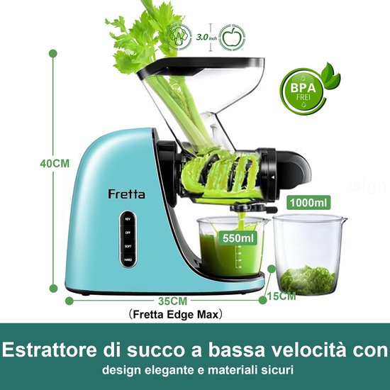 SnelShoppen - Fretta Juicer Slow Juicer - Roestvrijstalen Sapcentrifuge voor Groenten en Fruit - 200W Koude Persmachine met 76mm Opening - Hoge Sapopb