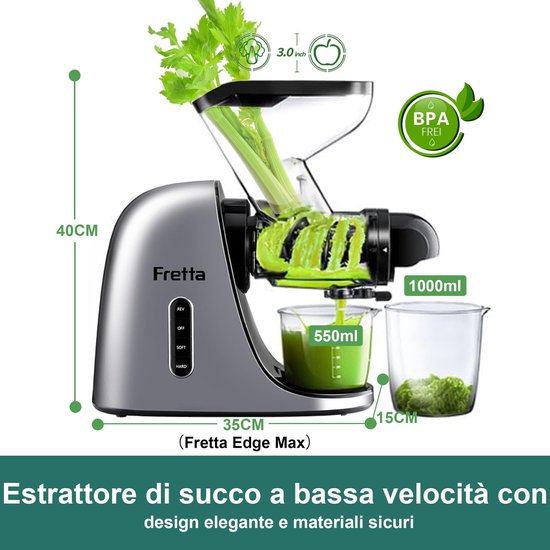 SnelShoppen - Fretta Slow Juicer Roestvrijstalen Sapcentrifuge voor Groenten en Fruit, 200W, Koude Persmachine met 76mm Opening, Hoge Sapopbrengst, Ee