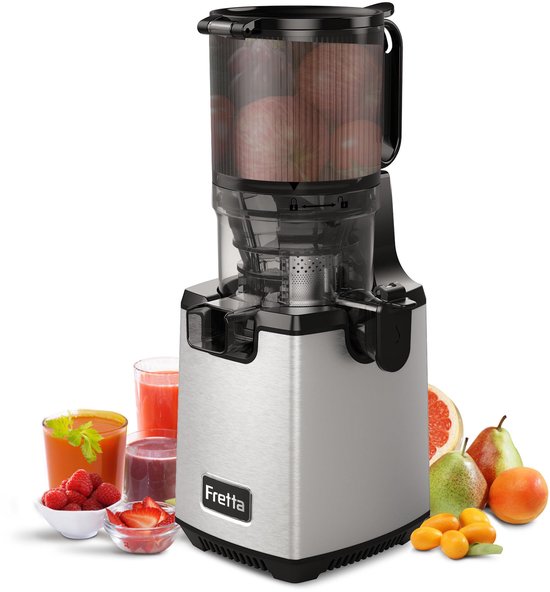 SnelShoppen - Fretta Slow Juicer Sapcentrifuge 250W, Roestvrij Staal, Koude Pers voor Groenten en Fruit, 135mm Opening, Gemakkelijk te Reinigen, Omkee