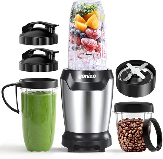 SnelShoppen - Ganiza Blender 1300 W Smoothie Maker met 3 Draagbare Mixbekers (2x 1100ml + 1x 660ml), Roestvrijstalen Lemmet, BPA-vrij en Gemakkelijk t