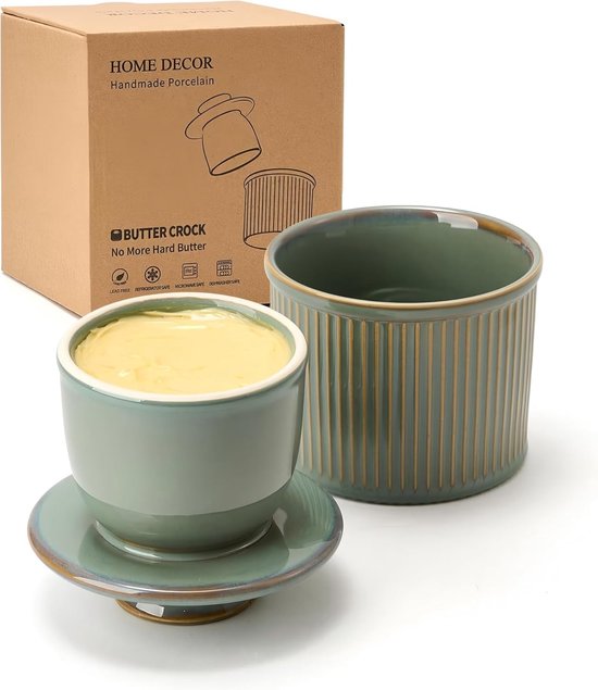 SnelShoppen - Grote Franse Boterpot met Striped Reactive Glaze, Keramische Boterhouder met Deksel, Sage Groene Boterdish met Waterlijn voor Versmeerba