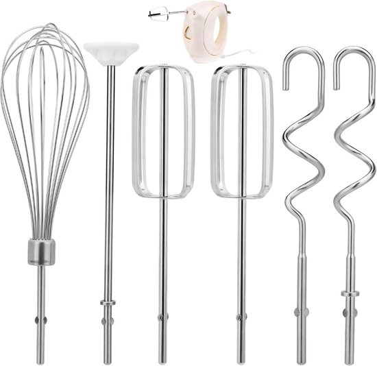 SnelShoppen - Hand Mixer Accessoires Set - 2 Turbo Kloppers, 1 Eiklopper, 2 Deeghaken en 1 Mengstaaf - Roestvrij Staal - Voor Keuken, Bakken, Koken