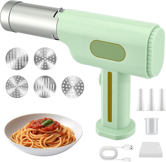 SnelShoppen - Handheld elektrische pastamachine - Draadloze pastamaker - 2600 mAh - 5 opzetstukken - Roestvrij staal - Automatische spaghetti en lasag