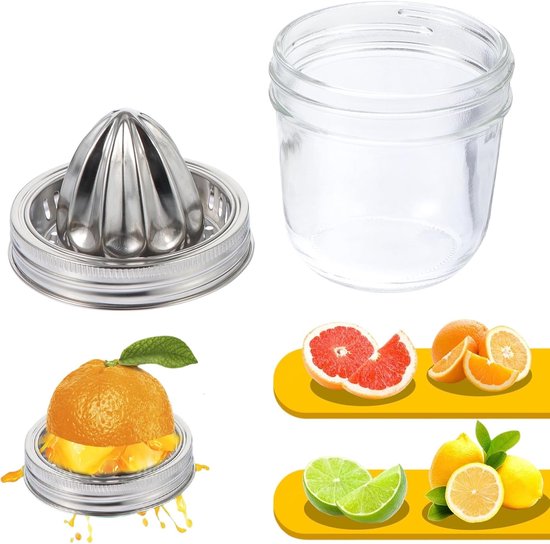 SnelShoppen - Handmatige Citrus Juicer voor Citroen en Limoen - Glazen Canning Jar met RVS Deksel - 280ml - Keukenaccessoire voor Fruit en Groenten
