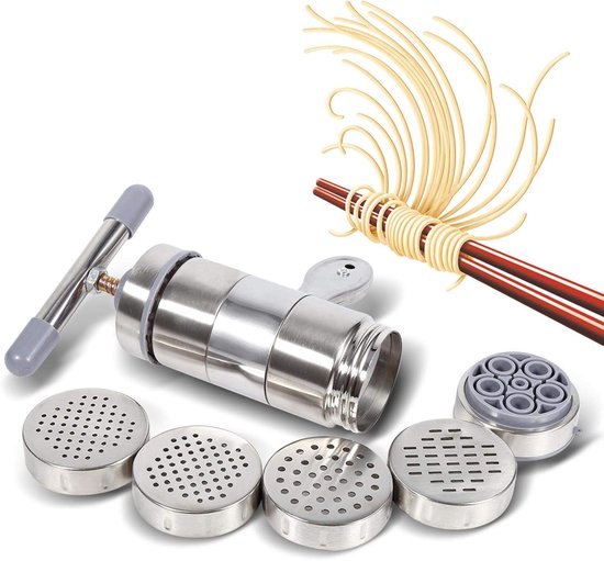 SnelShoppen - Handmatige Noodle Machine - RVS Pasta Maker voor Thuis, Restaurant, Camping en Reizen - 5 Die Heads - Verstelbare Dikte - Duurzaam en Ro