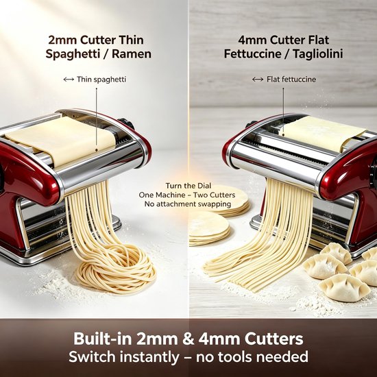 SnelShoppen - Handmatige pastamachine 2-in-1 - Roestvrijstalen pastamaker met snijmessen 2 mm en 4 mm - Instelbare dikte van 0,3 tot 5 mm voor spaghet