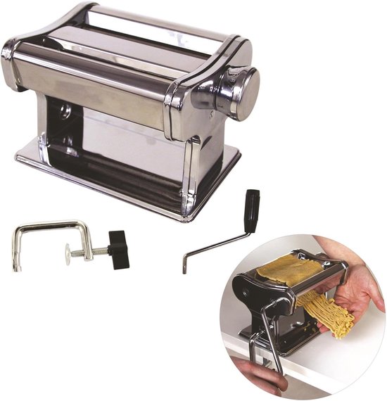 SnelShoppen - Handmatige Pastamaker - RVS Pastamachine voor Zelfgemaakte Pasta, Spaghetti, Tagliatelle, Fettuccine - Inclusief Klem - Zilver - Ideaal