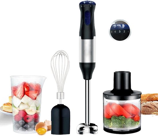 SnelShoppen - Handmixer 4-in-1, 20 Snelheden, RVS Staafmixer met Boost Knop voor Proteïne Shakes, Soepen, Sausen, Smoothies, Keukenaccessoire 220V