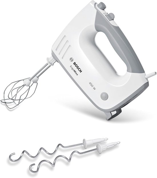 SnelShoppen - Handmixer 450 Watt - Ergonomische Keukenmixer - Roestvrijstalen Gardes en Deeghaken - Vijf Snelheden + Turbofunctie - Wit/Grijs - Ideaal