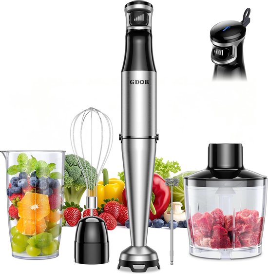 SnelShoppen - Handmixer 5-in-1 RVS, 1100 W, Traploze Snelheidsregeling, Met 2 Kloppers, 800 ml Maatbeker, 600 ml Hakker voor Keuken en Koken