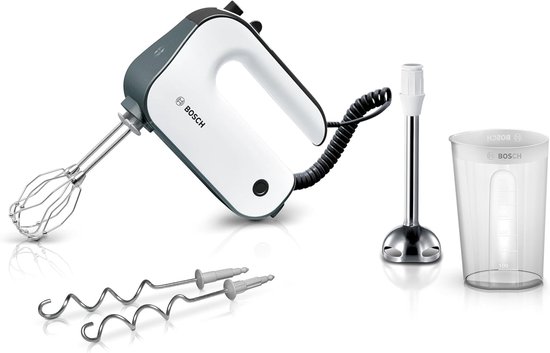 SnelShoppen - Handmixer 850 Watt - RVS Gardes, Mixervoet, Maatbeker, 5 Snelheden, Turbofunctie - Wit/Donkersilver - Perfect voor Cake, Muffins, Slagro