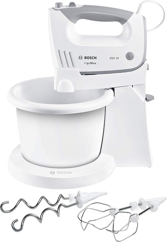 SnelShoppen - Handmixer met Roterende Mengkom, 450 Watt, 5 Snelheden, Turbofunctie, Roestvrijstalen Gardes en Deeghaken, Wit/Grijs voor Keuken, Bakken