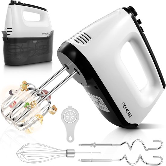 SnelShoppen - Handmixers 400W met 6 Snelheden, Turbo Boost, RVS, Geluidsarm, Geen Spetteren, Inclusief 6 Accessoires en Opbergtas, Wit, Ideaal voor Ke