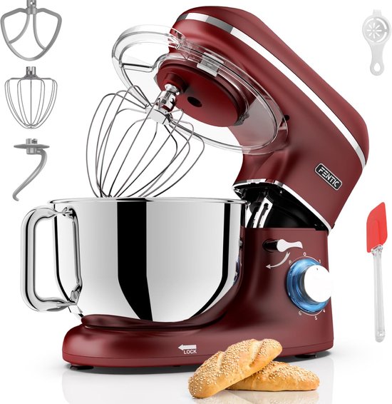 SnelShoppen - Keukenmachine 2000W RVS Mengkom 6,2 L - Keukenmixer met Roerhaak, Kneedhaak, Klopborstel, Spatbescherming en Extra Accessoires - Rood