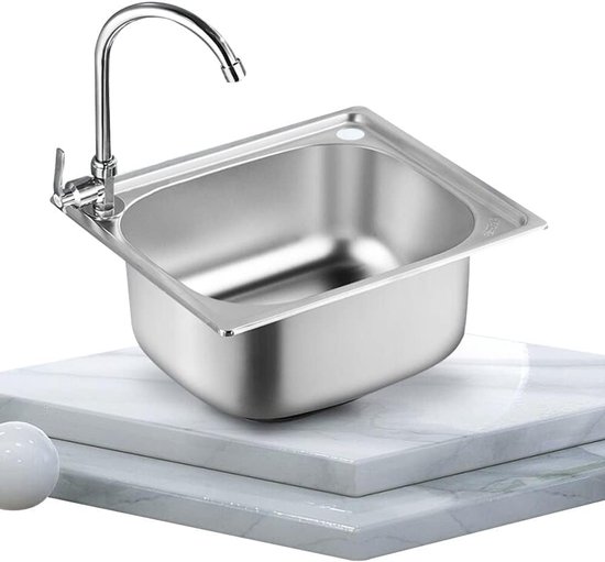 SnelShoppen - Kleine Keukensink, Persoonlijke Kom, RV Sink voor Inbouw, Flip Afvoer met Afvoerclip, RVS, 37x32cm, Duurzaam en Makkelijk Schoon te Make